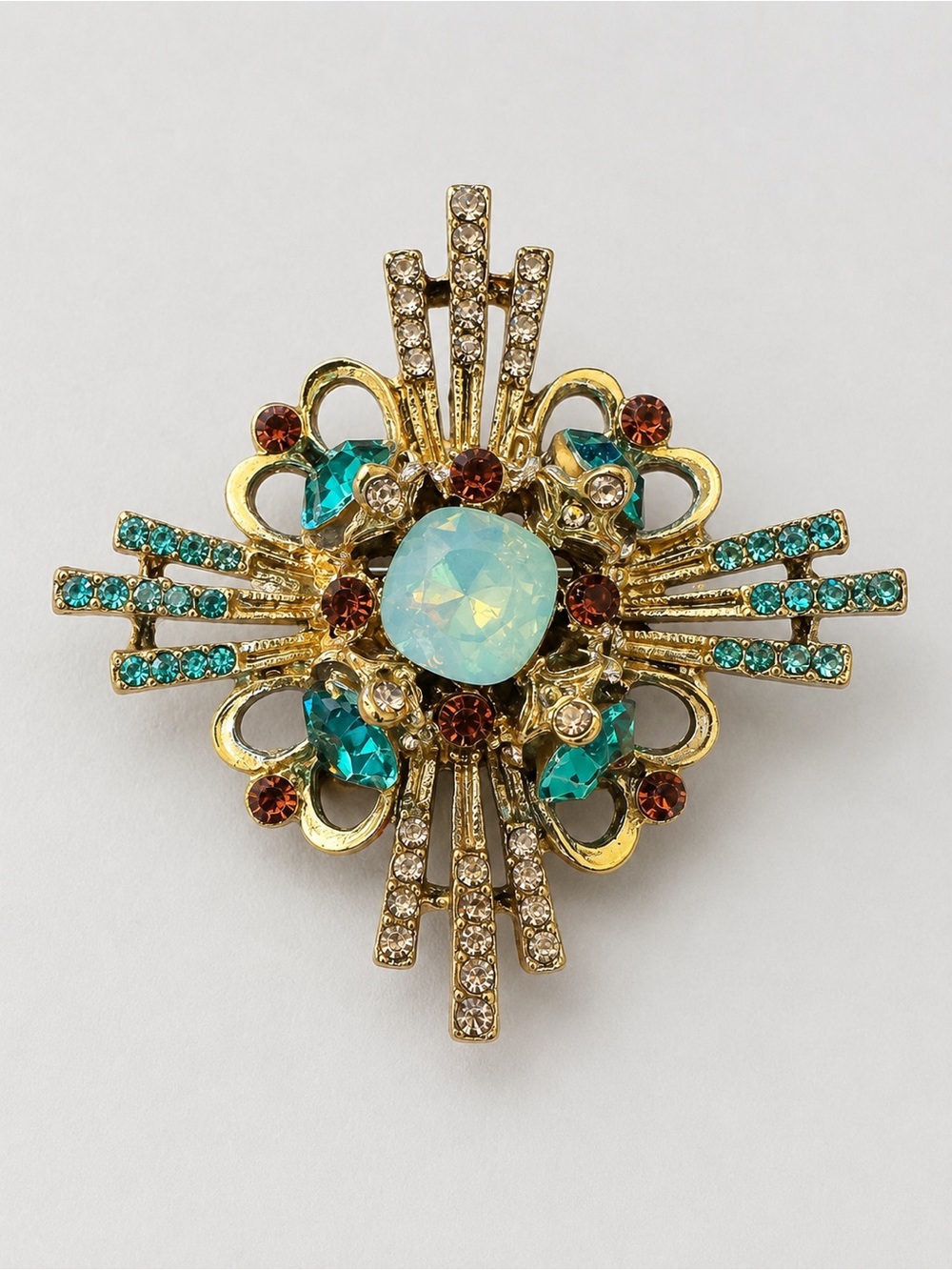 NWT Gold Tone Rhinestone Brooch Opalescent Center Stone Teal Red Crystal Pin